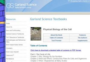 Screen capture of the Garland Science website, showcasing the book "Physical Biology of the Cell."